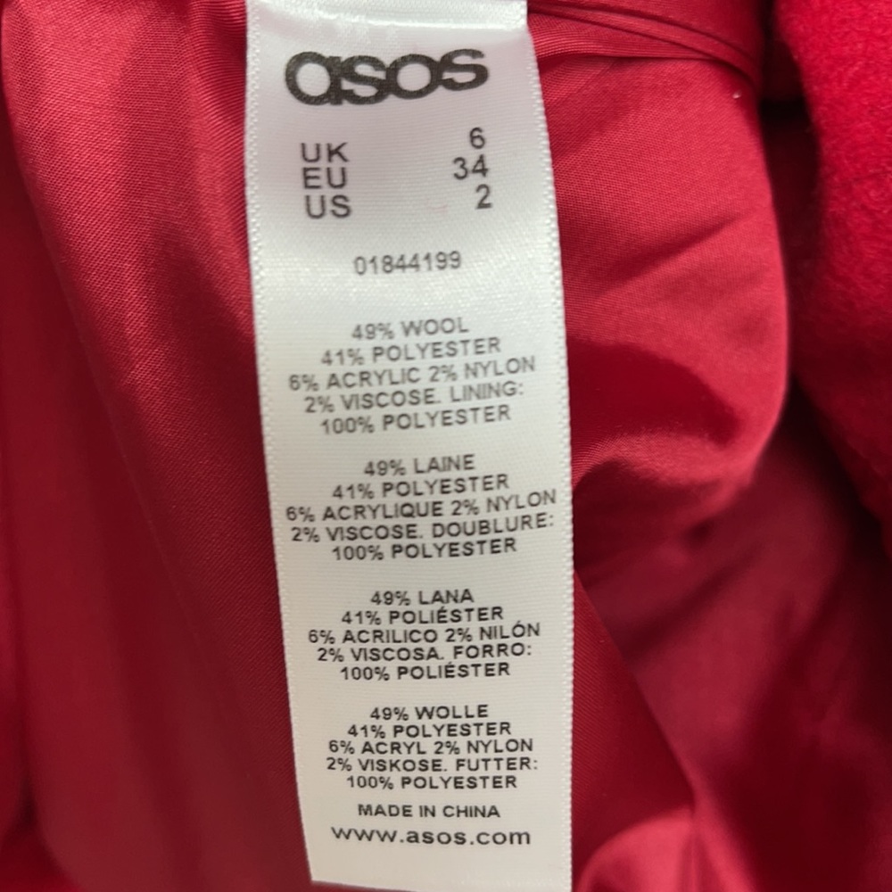 ASOS Red Wool Blend Coat, Size 2 - Picture 7 of 7